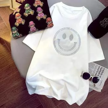 Футболка женская Heavy Industry Iron Diamond Smiling Face Grinding с коротким рукавом, утолщенная, весна и лето, новый свободный топ средней длины большого размера M чёрный