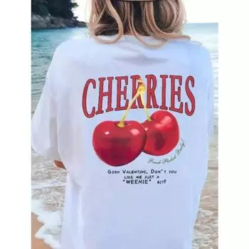 Футболка женская хлопковая с принтом в виде красной вишни 2024 года, мягкая, с круглым вырезом, летняя, свободная, Harajuku Street, повседневная, праздничная, с коротким рукавом S