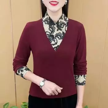 Футболка женская из бархата осень/зима с V-образным вырезом и принтом, с длинными рукавами и прострочкой, с несколькими слоями L фиолетовый