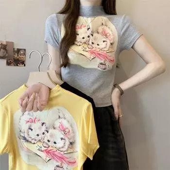 Футболка женская из чистого хлопка harajuku весна-осень с длинным рукавом и высоким воротником, повседневная, сексуальная, с рисунком из мультфильмов, тонкая футболка для женщин, укороченные топы y2k, одежда S чёрный