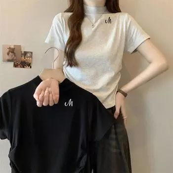 Футболка женская из чистого хлопка harajuku весна-осень с длинным рукавом и полувысоким воротником, повседневная футболка с буквенным принтом, облегающая женская укороченная футболка y2k, топы, одежда S