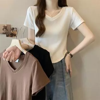 Футболка женская из чистого хлопка harajuku весна-осень с длинным рукавом и V-образным вырезом, повседневная однотонная, тонкая, нерегулярная, женская, укороченная, y2k, топы, одежда S