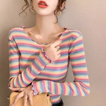 Футболка женская из чистого хлопка harajuku весна осень с длинным рукавом повседневная сексуальная радужные полосы тонкая футболка женская эластичная y2k топы одежда S