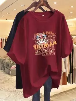 Футболка женская из чистого хлопка с красным коротким рукавом, год Дракона, год рождения, весна-лето 2025, новая универсальная одежда в стиле Гочао, тренд инс S красный