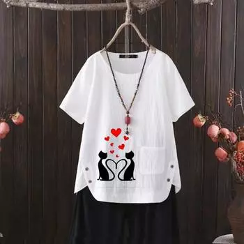 Футболка женская из хлопка и конопли с V-образным вырезом и принтом кота 2025 года — повседневная и шикарная S белый