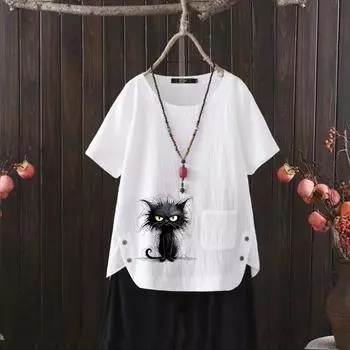 Футболка женская из хлопка и конопли с V-образным вырезом и принтом кота 2025 года — идеальный вариант для повседневных образов S белый