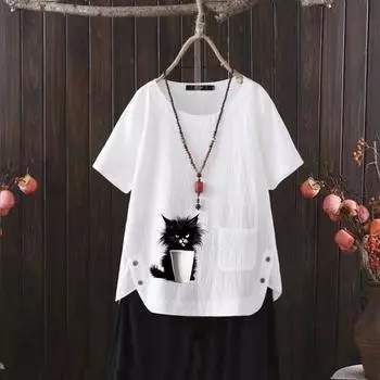 Футболка женская из хлопка и конопли с V-образным вырезом и принтом кота 2025 года — идеальный вариант для повседневного стиля S белый