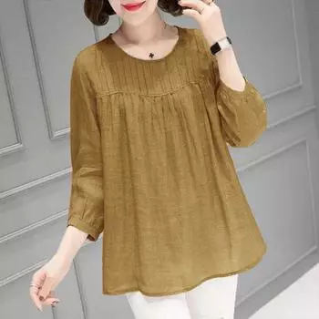 Футболка женская из хлопка и льна с длинными рукавами, осенняя корейская блузка, свободный утягивающий топ с рукавами девять дюймов M темно-зеленого