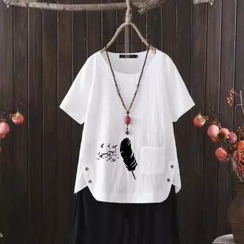 Футболка женская из хлопка и льна с V-образным вырезом и принтом перьев 2025 года — повседневная и шикарная S белый