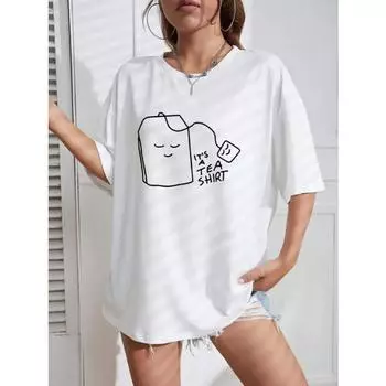 Футболка женская из хлопка It s Tea Shirt Футболка с буквенным принтом Повседневная мягкая футболка с короткими рукавами Свободная и удобная уличная одежда S