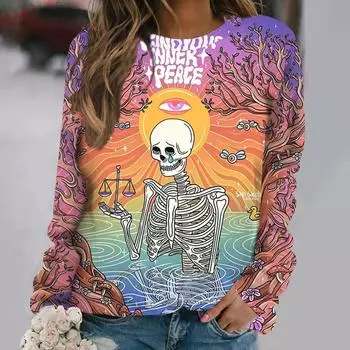 Футболка женская из хлопка, осенняя, с длинным рукавом, с принтом черепа, уличная мода, с круглым вырезом, женская свободная одежда, повседневные топы S