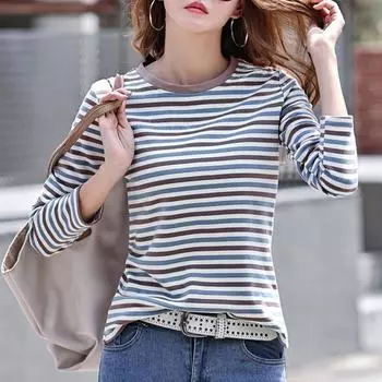 Футболка женская, корейская, свободная хлопковая футболка, женская повседневная футболка, зеленая, черная полосатая футболка с длинным рукавом, базовая XL синий