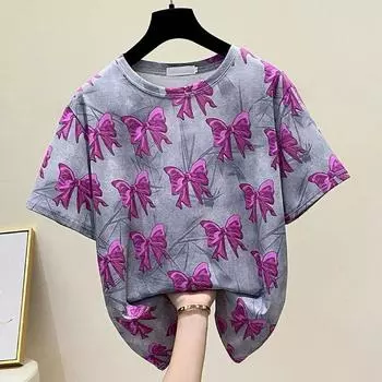 Футболка женская летняя большого размера с принтом в виде банта, с короткими рукавами, универсальная свободная футболка, топ XXXXL