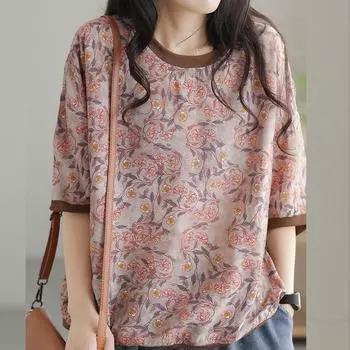Футболка женская летняя одежда новая с короткими рукавами и круглым вырезом с принтом топ тонкая повседневная ретро свободная утягивающая женская футболка One Size