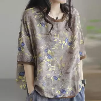 Футболка женская летняя одежда новая с короткими рукавами и круглым вырезом с принтом топ тонкая повседневная ретро свободная утягивающая женская футболка One Size