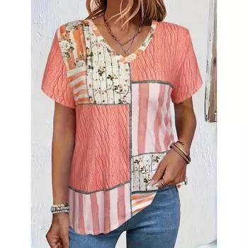 Футболка женская летняя повседневная элегантная простая с V-образным вырезом и короткими рукавами в цветочную клетку свободная повседневная женская футболка XS