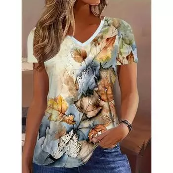 Футболка женская летняя повседневная элегантная с v-образным вырезом и короткими рукавами с принтом кленового листа свободная повседневная женская футболка ко дню матери S