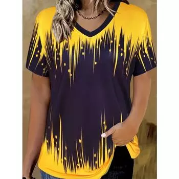 Футболка женская летняя повседневная элегантная с v-образным вырезом и короткими рукавами с градиентным верхом свободная повседневная женская футболка Y2K S