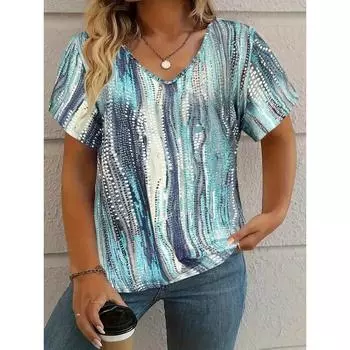 Футболка женская летняя повседневная элегантная с v-образным вырезом и коротким рукавом в полоску, свободная повседневная женская футболка S