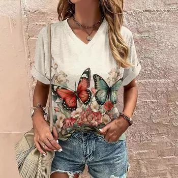Футболка женская летняя с бабочкой, 3D-принт, модная футболка, повседневная футболка Harajuku с коротким рукавом и V-образным вырезом, свободная женская одежда S