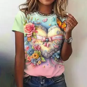Футболка женская летняя с круглым вырезом, модная повседневная, с 3D-цветочным принтом, свободная футболка, летние топы большого размера с коротким рукавом, дизайнерская одежда L