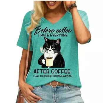 Футболка женская летняя с милым котом и v-образным вырезом, сексуальный полиэстер Harajuku, повседневный пуловер с героями мультфильмов, женская уличная одежда, женские топы S