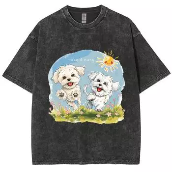 Футболка женская летняя с рисунком милого щенка Y2K с широким воротом и коротким рукавом, потертая, унисекс, повседневный топ S