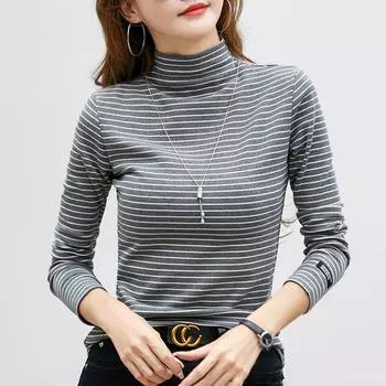 Футболка женская, модная, с длинным рукавом, Camisetas, эластичная, Ropa De Mujer, водолазка, полосатая футболка, теплые топы, базовые футболки XL абрикосовый