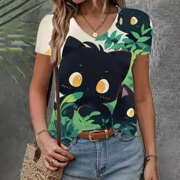 Футболка женская одежда мода круглый вырез топ кошка мультфильм короткий рукав элегантная одежда свободная повседневная короткий рукав женская футболка S