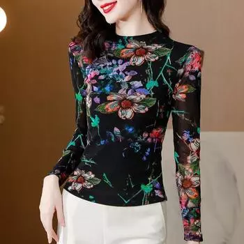 Футболка Женская одежда Осень Новая мода Эластичный облегающий топ с длинными рукавами в иностранном стиле Рубашка, замедляющая старение M