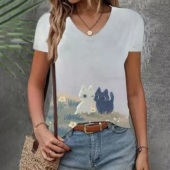 Футболка женская одежда свободный V-образный вырез короткий рукав узор кошка модный топ летний повседневный элегантный одежда для вечеринок женская футболка XS