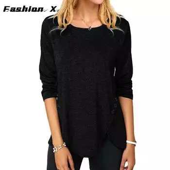 Футболка женская однотонная с длинным рукавом и круглым вырезом, с нестандартными пуговицами S чёрный