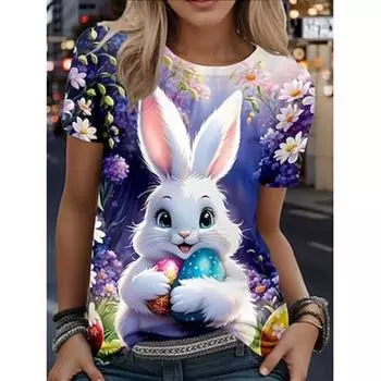 Футболка женская пасхальная с изображением животных, повседневная, с коротким рукавом, круглым вырезом, обычные топы, повседневный принт, розовая, синяя, лето, весна S