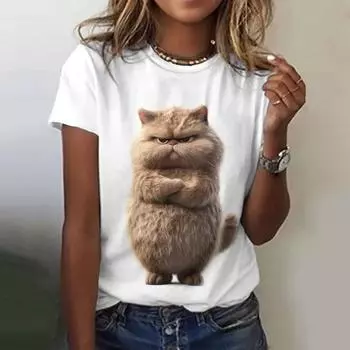 Футболка женская повседневная Summer Street в паре с топом с принтом в виде маленькой черной кошки на 3D-принте, повседневная футболка с круглым вырезом и короткими рукавами S