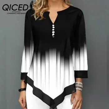 Футболка женская QICED Street Hipster с 3D-принтом и V-образным вырезом, неровным подолом, свободная S чёрный