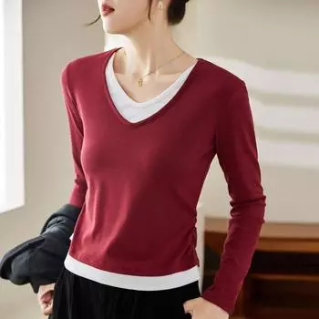 Футболка женская ранняя осень с V-образным вырезом, ложным узором, из двух частей, плиссированная, тонкая, с длинными рукавами, в тон цвета Collision S чёрный