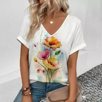 Футболка женская с цветами, повседневная футболка с 3D-принтом, модная повседневная футболка Harajuku с коротким рукавом и V-образным вырезом, свободная одежда S