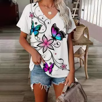Футболка женская с цветочным принтом и V-образным вырезом, 3D-принт, ретро-мода, повседневная одежда с короткими рукавами S