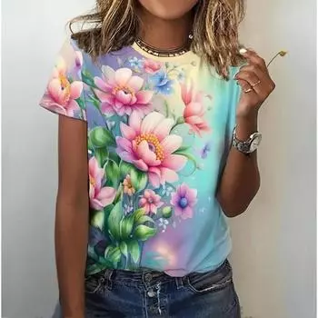 Футболка женская с цветочным принтом, летняя мода, повседневная, с круглым вырезом, большие размеры, S-3xl, повседневная уличная футболка 2024 года, новинка S