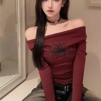 Футболка женская с длинным рукавом с открытыми плечами Y2k винтажные топы уличная одежда корейский стиль укороченные топы осень S красный