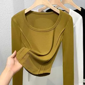 Футболка женская с длинными рукавами и U-образным вырезом из модала, новинка, ранняя осень, тонкое нижнее белье, нижнее белье, постельное белье, топ для похудения живота S чёрный