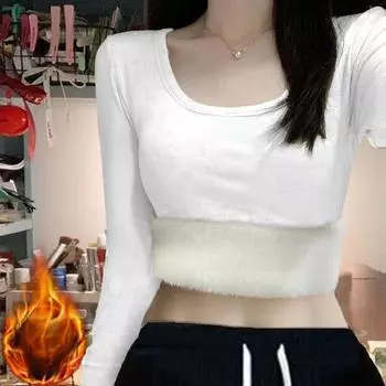 Футболка женская с длинными рукавами из утолщенного бархата спереди и на плечах, тонкая внутренняя часть рубашки, верхняя часть M белый