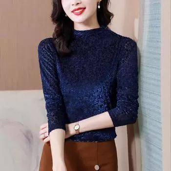 Футболка женская с длинными рукавами, золотистый бархатный топ, весенняя новинка, полуводолазка, плюс бархатная базовая рубашка M