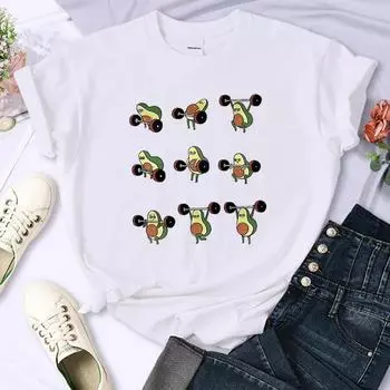 Футболка женская с изображением авокадо и мультфильма, тяжелая атлетика, уличная дышащая повседневная женская с короткими рукавами, корейский стиль, хип-хоп, футболка S