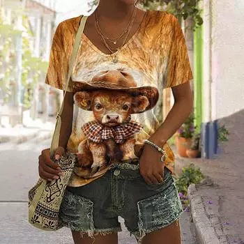 Футболка женская с изображением животных, летняя, с коротким рукавом, милый узор на телячьей шкуре, 3D-принт, уличный V-образный вырез S