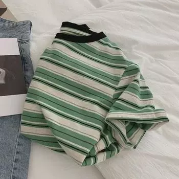 Футболка женская с коротким рукавом в полоску в стиле ретро в стиле Гонконга 2023 года — свободная, облегающая, универсальный летний топ L абрикосовый