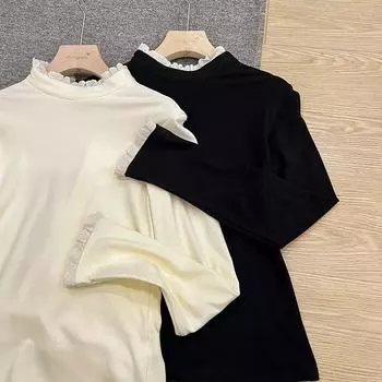 Футболка женская с короткими рукавами из австралийского бархата с кружевом, с полуворотником, осенне-зимняя, тонкая, теплая, внутренняя часть топа S