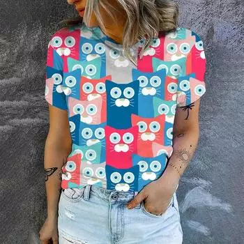 Футболка женская с красочным рисунком кота, удобная, с коротким рукавом, летняя модная одежда с коротким рукавом XS