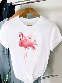 Футболка женская с круглым вырезом и акварельным принтом «Прекрасный фламинго», женская с коротким рукавом, модная летняя повседневная трендовая футболка с принтом для путешествий XL