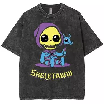 Футболка женская с милым принтом черепа Q Version, стираный хлопок, большой размер, короткий рукав, унисекс, милый топ для пары, студенческая повседневная футболка S